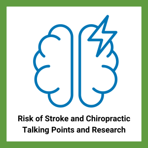 An icon of a brain with a lightning bolt with "risk of stroke and chiropractic talking points and research"