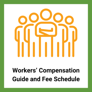 An icon of 5 people with "Workers' Compensation Guide and Fee Schedule"